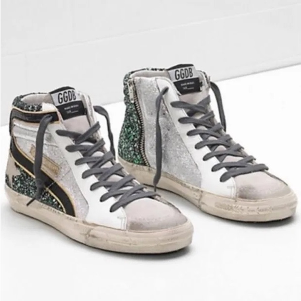 Golden Goose slide high tops green and sliver glitter